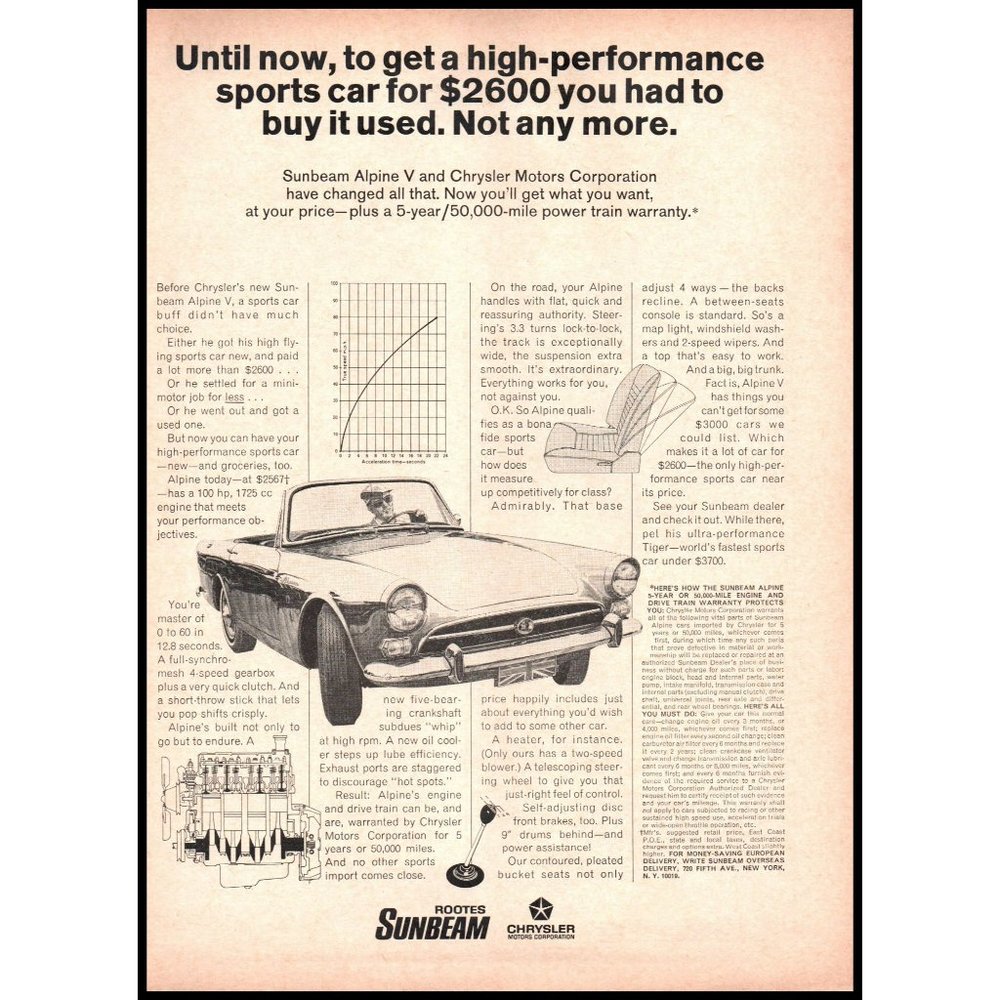 1967 Rootes Sunbeam Alpine V Convertible Roadster Vintage Print Ad Wall Art 8x11